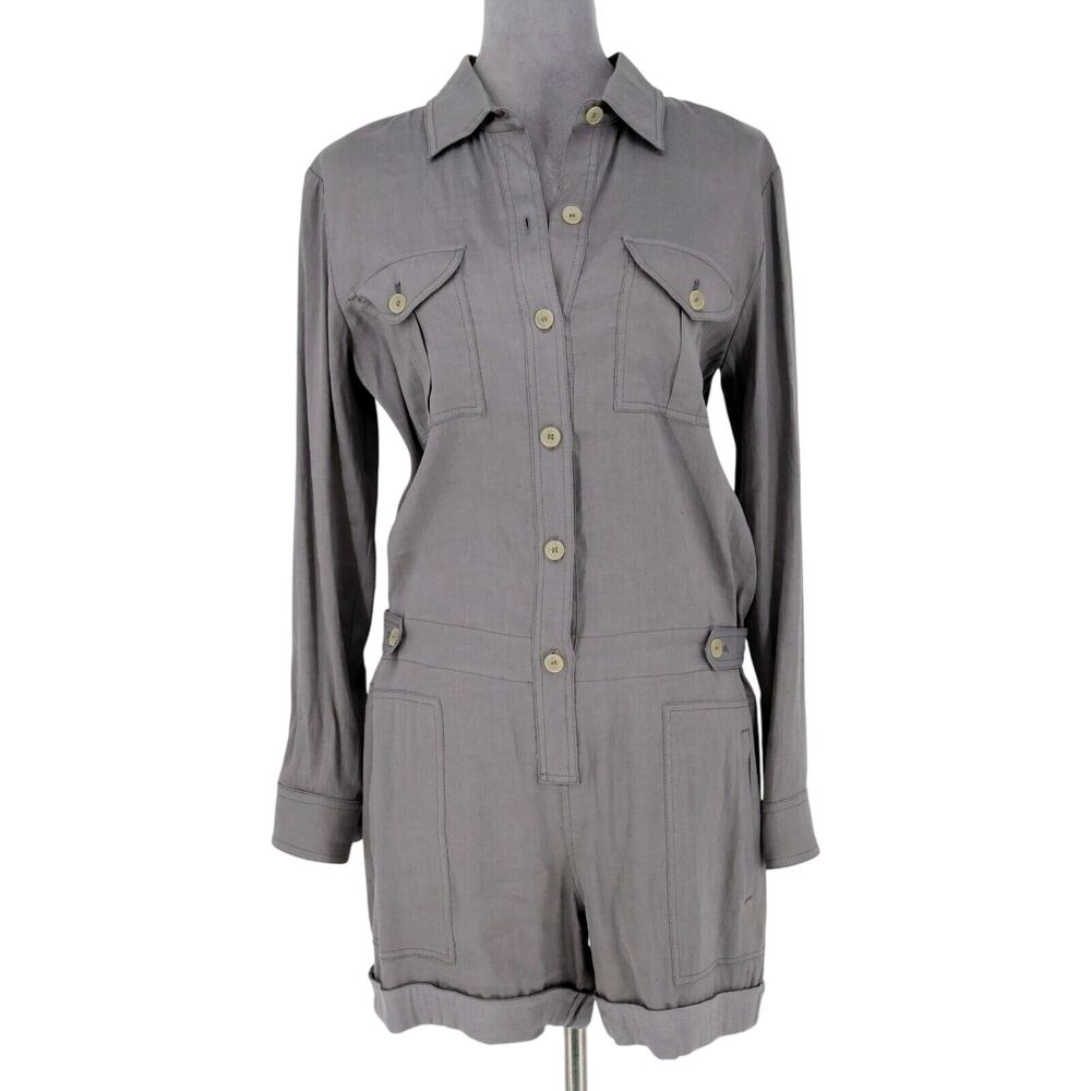 Vince Romper Womens 6 Gray Linen Blend Stretch Button Up Pockets Collared New